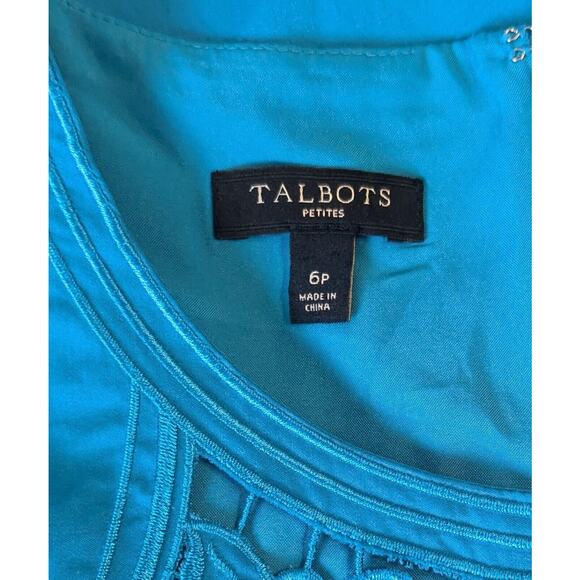 Talbots Turquoise Embroidered Sateen Fit & Flare Tie Waist Dress Size 6p - Picture 4 of 9